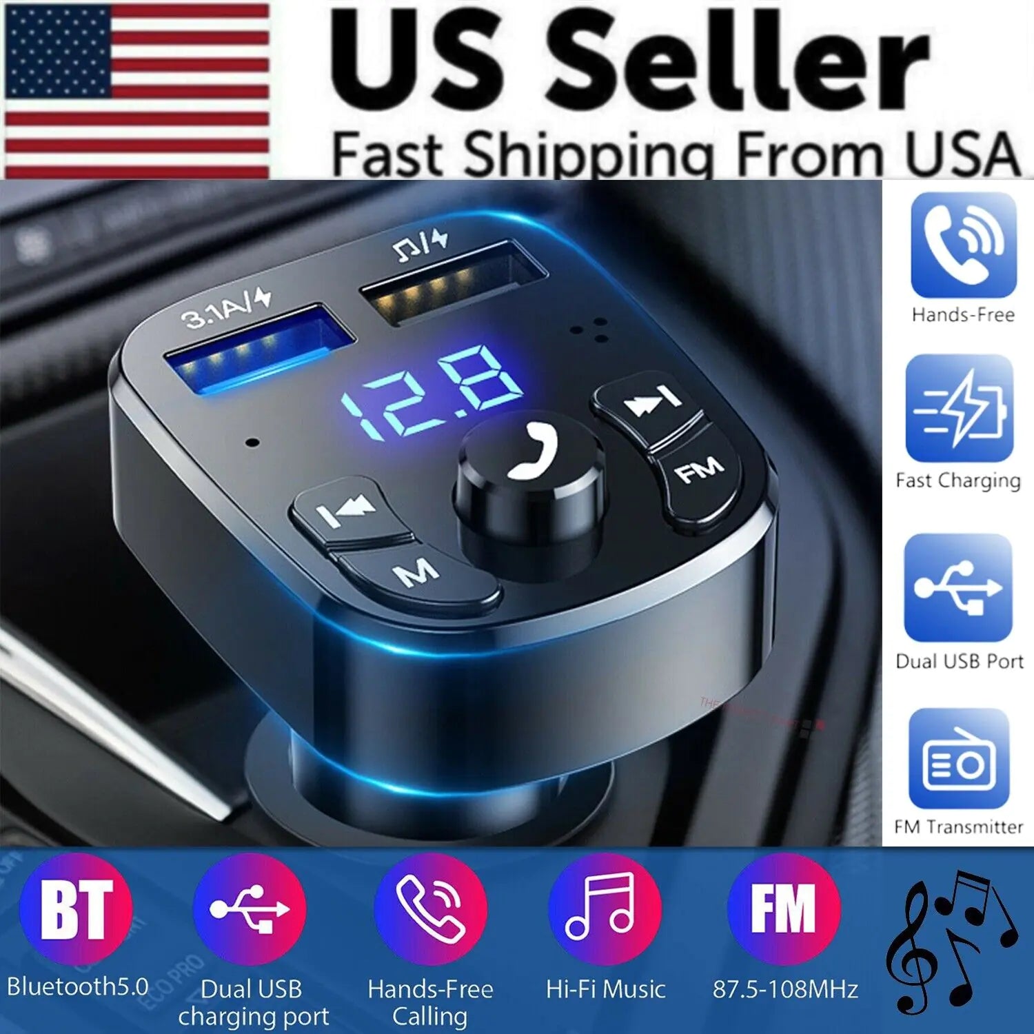 Transmisor FM Bluetooth 5.0 Coche | Manos Libres Doble USB