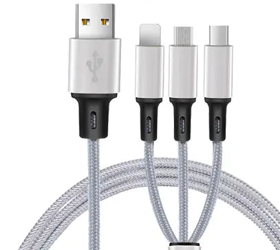 Cable de Carga 3 en 1 Universal - iPhone, Android y Type-C con Trenzado de Nylon y Carga Rápida 2.4A