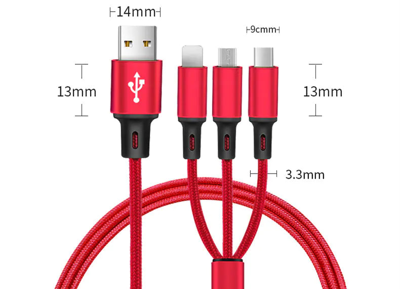Cable de Carga 3 en 1 Universal - iPhone, Android y Type-C con Trenzado de Nylon y Carga Rápida 2.4A